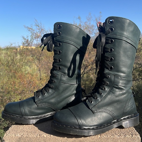 Dr. Martens Triumph Floral Tall 12 Eye Lace Up Mirage Black / Dark Green Boots - Picture 2 of 16